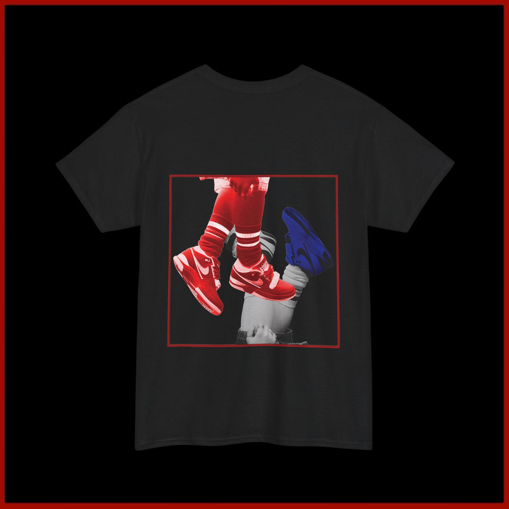 Sneaker Flip T‑Shirt — Retro Red & Blue Kicks Graphic Tee