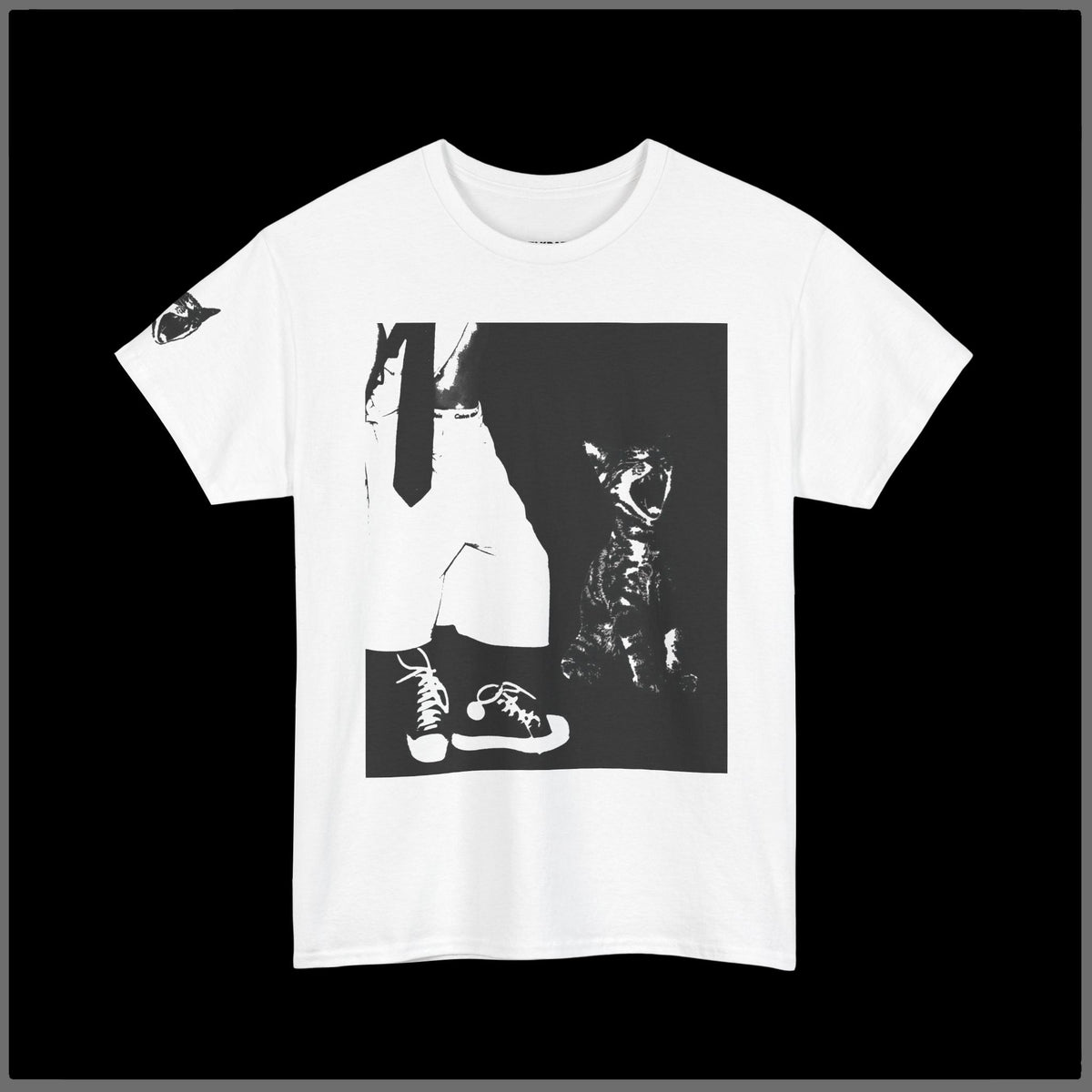 Graphic Tee — Black & White Cat with Sneakers Art Print
